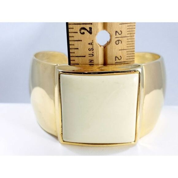 Avon Gold Tone Cuff Bracelet Cream Lucite Square Vintage 1980s Jewelry - Picture 2 of 8